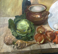 Exquisite Vintage French Still Life Oil on Board of Vegetables & Wine on a Bench SOLD