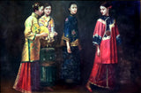 Stunning Large Vintage Oil on Canvas depicting Oriental Women with Bird Cages SOLD