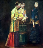 Stunning Large Vintage Oil on Canvas depicting Oriental Women with Bird Cages SOLD