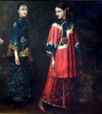 Stunning Large Vintage Oil on Canvas depicting Oriental Women with Bird Cages SOLD