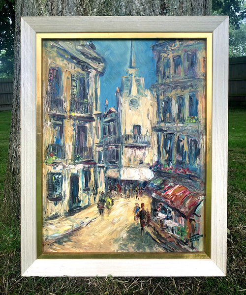 A Stunning Vintage 1950's Post Impressionist Oil on Canvas Board - Busy Street Scene SOLD