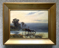 Beautiful Antique Equestrian Oil on Artists Board - Horses watering at dusk SOLD