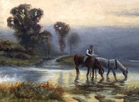 Beautiful Antique Equestrian Oil on Artists Board - Horses watering at dusk SOLD