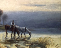 Beautiful Antique Equestrian Oil on Artists Board - Horses watering at dusk SOLD