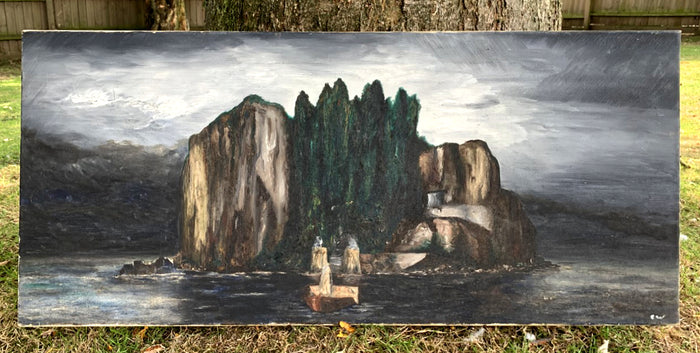 Fabulous Large Early C20th Modernist Oil on Canvas - Boat by a Rocky Shoreline 