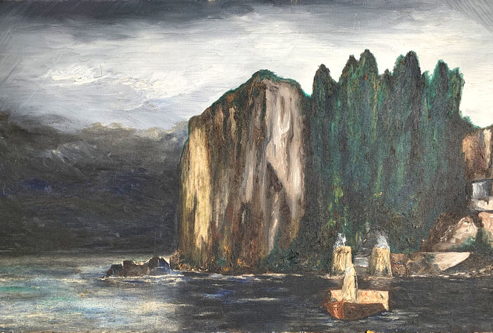 Fabulous Large Early C20th Modernist Oil on Canvas - Boat by a Rocky Shoreline 