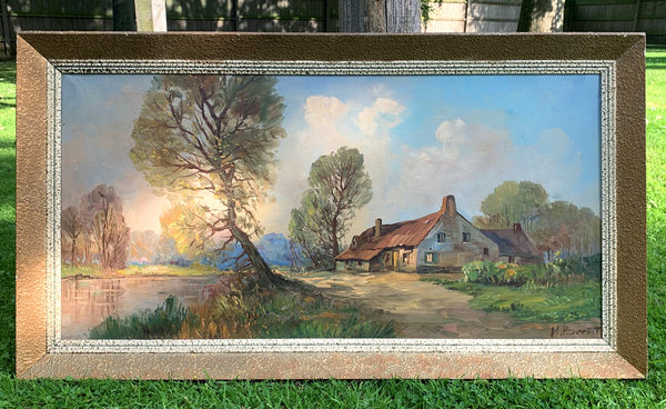 Exquisite Large Vintage English School Oil on Canvas - Rural Cottage SOLD