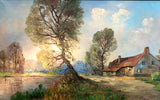 Exquisite Large Vintage English School Oil on Canvas - Rural Cottage SOLD