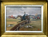 Superb C19th Victorian Oil Pastel Painting "Over the Fence" Hunting Scene SOLD