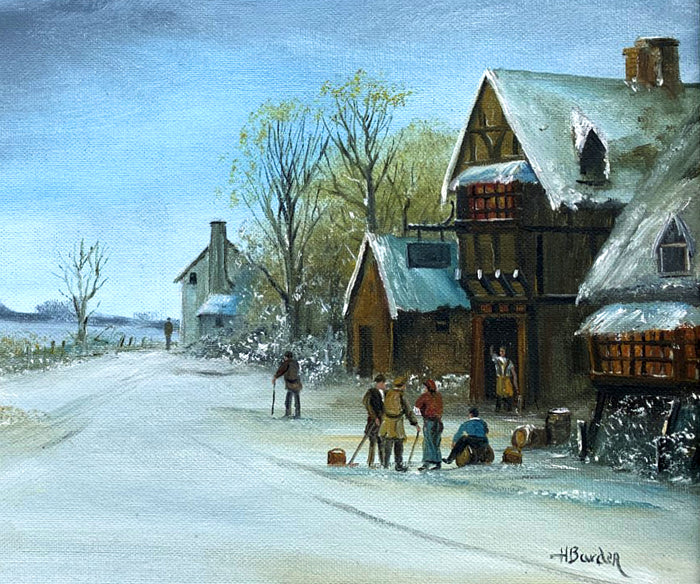 Snow delays the Stage - original vintage oil on board by Cornish artist H. Barden sold