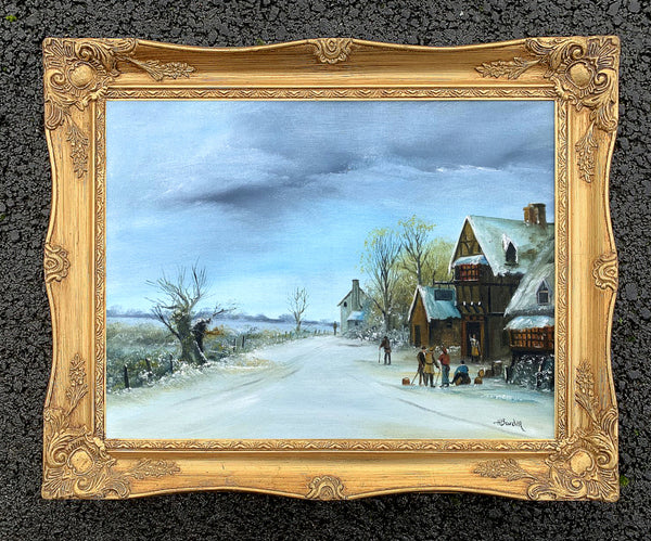 Snow delays the Stage - original vintage oil on board by Cornish artist H. Barden sold