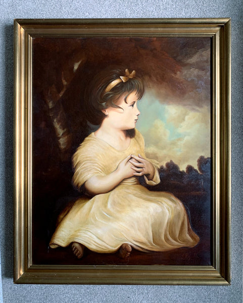 Excellent Large Vintage Oil on Canvas Portrait of a Young Girl after the original by Joshua Reynolds