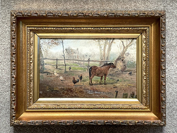 Exquisite Vintage Oil on Board of a Horse, Chickens & Ducks in a Farmyard - John Mace SOLD