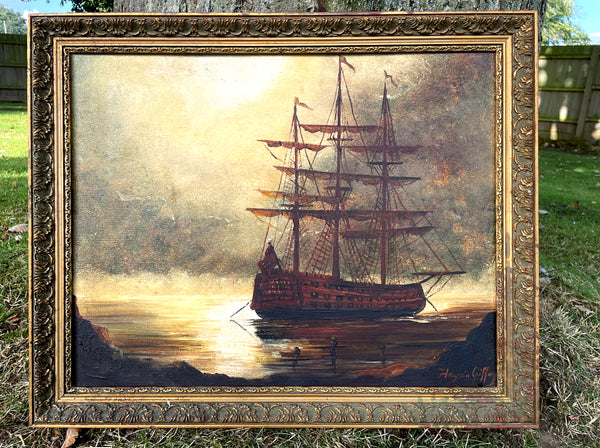 Fine Vintage Oil on Canvas Board depicting a Sunset Scene of a Galleon at Anchor SOLD