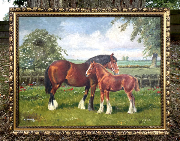 Excellent Vintage Oil on Canvas Board depicting A Shire Horse Mare & Foal SOLD