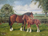 Excellent Vintage Oil on Canvas Board depicting A Shire Horse Mare & Foal SOLD