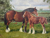 Excellent Vintage Oil on Canvas Board depicting A Shire Horse Mare & Foal SOLD