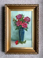 Beautiful Edwardian Oil on Board - Red Roses in a Blue Vase 1910 SOLD