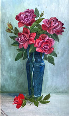 Beautiful Edwardian Oil on Board - Red Roses in a Blue Vase 1910 SOLD