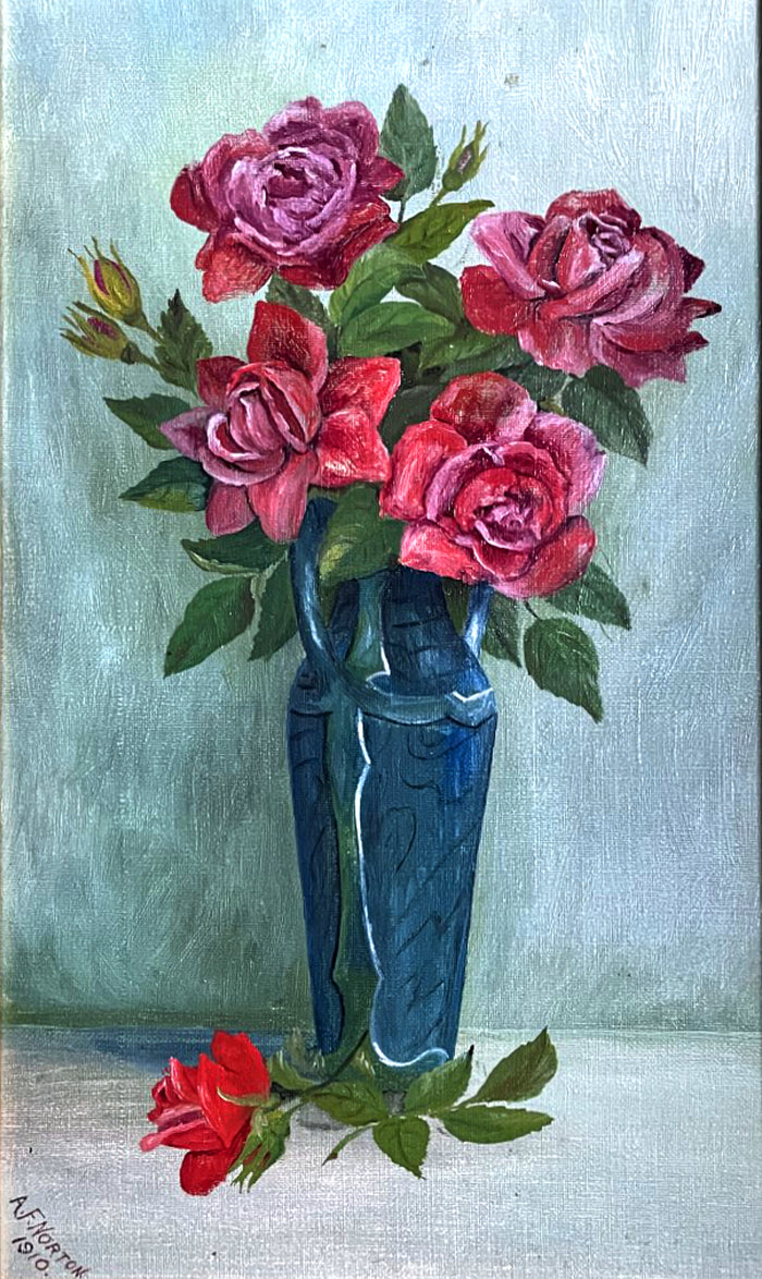 Beautiful Edwardian Oil on Board - Red Roses in a Blue Vase 1910 SOLD
