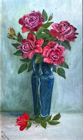 Beautiful Edwardian Oil on Board - Red Roses in a Blue Vase 1910 SOLD