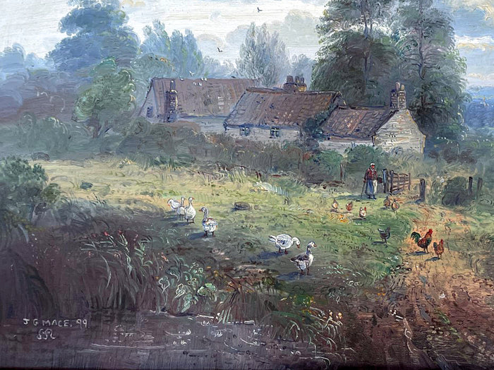 Delightful Vintage English School Oil on Panel - Country Cottage with Chickens & Ducks - John Mace SOLD