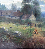 Delightful Vintage English School Oil on Panel - Country Cottage with Chickens & Ducks - John Mace SOLD