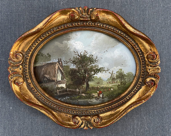 Delightful Vintage Early C20th English School Miniature Oil on Board - Woman by a Cottage SOLD