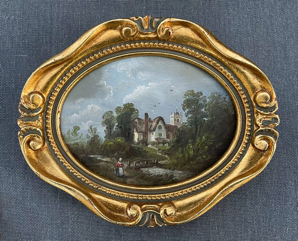 Fine Vintage Early C20th English School Miniature Oil on Board -Riverside Landscape with Figures SOLD