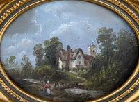 Fine Vintage Early C20th English School Miniature Oil on Board -Riverside Landscape with Figures SOLD