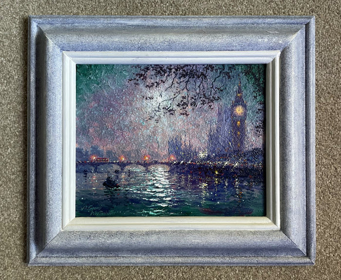 Beautiful Vintage 1990's Impressionist Oil on Canvas Board - Westminster at Night - SOLD