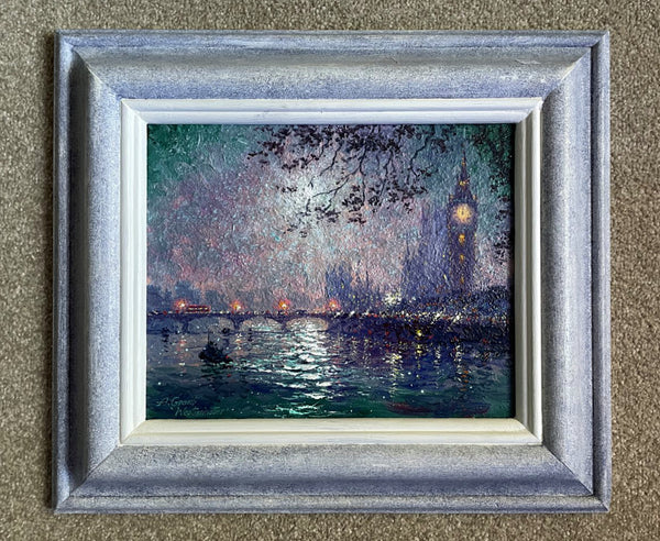 Beautiful Vintage 1990's Impressionist Oil on Canvas Board - Westminster at Night - SOLD