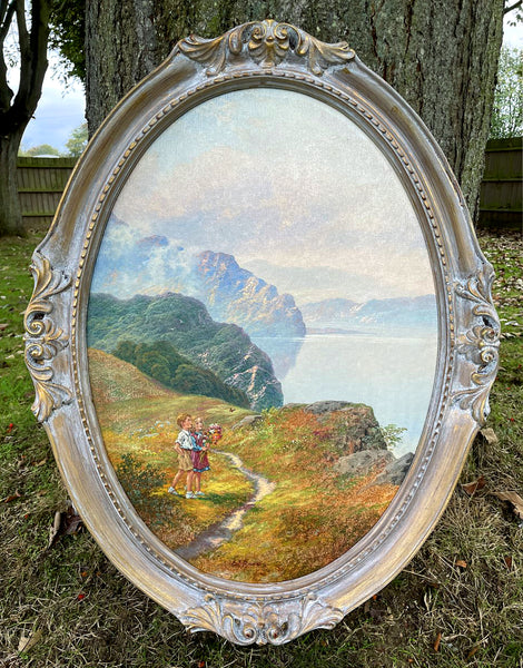 Delightful Vintage English School Oil on Canvas Board depicting children on a coastal path SOLD