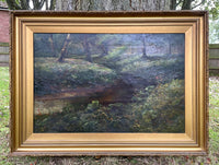 Large C19th Victorian Oil on Canvas - River Landscape in Woodland 1881SOLD