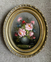 Exquisite Vintage Oil on Canvas Still Life Study of Flowers in a Vase