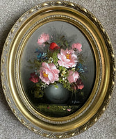 Exquisite Vintage Oil on Canvas Still Life Study of Flowers in a Vase