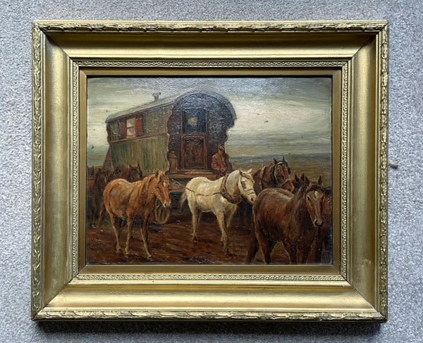 Beautiful Early C20th Oil on Board - Gypsy Caravan & Horses - Circ. Alfred Munnings SOLD