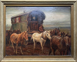 Beautiful Early C20th Oil on Board - Gypsy Caravan & Horses - Circ. Alfred Munnings SOLD