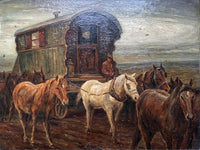 Beautiful Early C20th Oil on Board - Gypsy Caravan & Horses - Circ. Alfred Munnings SOLD