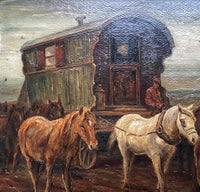 Beautiful Early C20th Oil on Board - Gypsy Caravan & Horses - Circ. Alfred Munnings SOLD