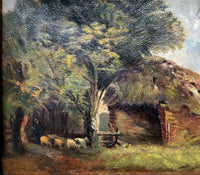 Charming Early C20th Norwich School Edwardian Oil on Canvas of Sheep by a Barn 1909 SOLD