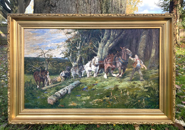 Superb Large Vintage English School Oil on Canvas - Timber Hauling in the New Forest aft. Lucy Kemp Welch SOLD