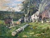 Superb Large Vintage English School Oil on Canvas - Timber Hauling in the New Forest aft. Lucy Kemp Welch SOLD