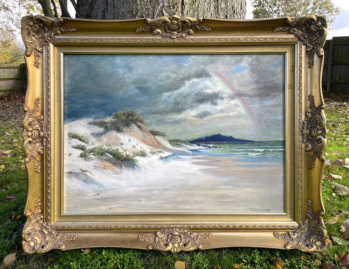 Large Vintage English School Oil on Canvas - Beach Scene 
