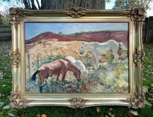 Superb Large Vintage Oil on Canvas - Ponies in a Gravel Pit aft. Alfred J Munnings