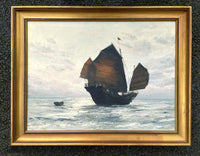 Excellent Large Vintage Mid C20th Oil on Canvas - Chinese Junk at Sea SOLD