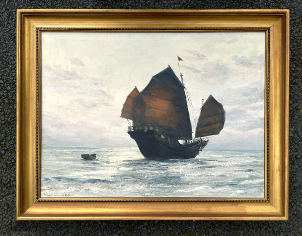 Excellent Large Vintage Mid C20th Oil on Canvas - Chinese Junk at Sea SOLD