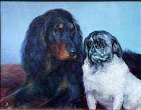 Delightful Vintage C20th Oil on Canvas of a Spaniel with a Pug