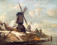 Fine Early C20th Antique Dutch School Oil on Board - Wintry Canal Scene with Windmills SOLD