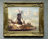 Fine Early C20th Antique Dutch School Oil on Board - Wintry Canal Scene with Windmills SOLD